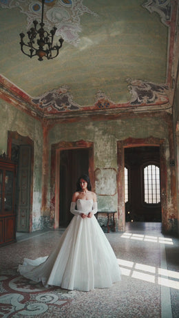 Elegant Lace Ballgown Wedding Dress with Straight Neckline, Additional Long Sleeves, and Cathedral Train