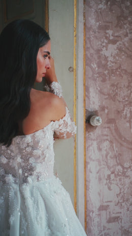 Elegant Wedding Gown with Straight Across Neckline, Long Sleeves, A-Line Glitter Skirt, 3D Lace, and Zipper Back