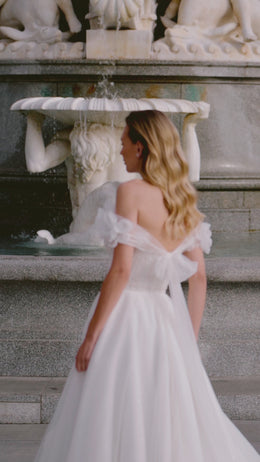 A-Line Wedding Dress With Off-The-Shoulder Floral Appliques, Beaded Bodice, Tulle Skirt And Cathedral Train