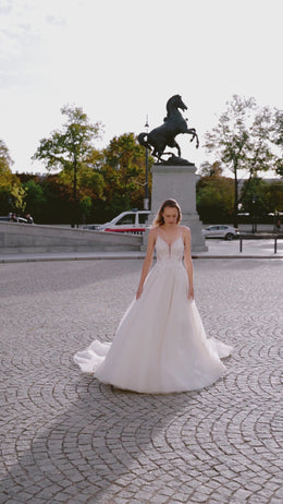 Ball Gown Wedding Dress with Tulle Skirt, Lace Appliqués, Beading and Crystals, Plunging V-Neck, Spaghetti Straps, Cathedral Train