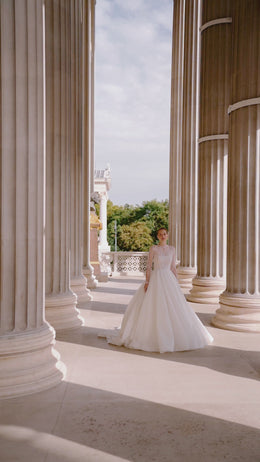 Ball Gown Romantic Wedding Dress With Beaded Lace Appliqués, Illusion High Neckline, Long Sleeves, Tulle Skirt, Cathedral Train