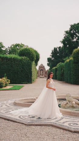 Elegant A-Line Tulle Bridal Dress with Spaghetti Straps, V-Neck, Beads Lace and Cape