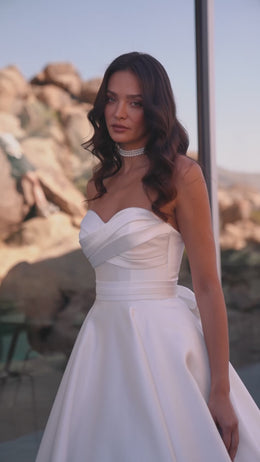 A-Line Wedding Dress with Strapless Draped Bodice and Bow Back