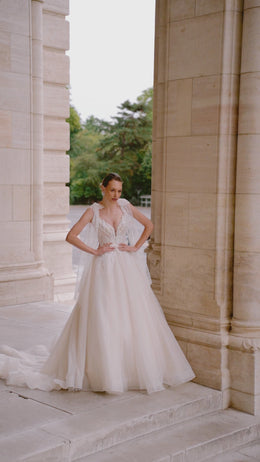 Ball Gown Wedding Dress with Lace Appliqués, Beading and Embroidery, V-Neck Illusion Bodice, Tulle Skirt, Cathedral Train