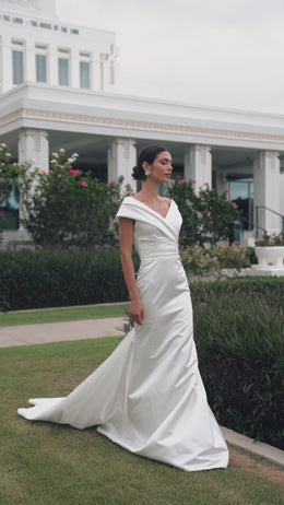 Royal Satin Minimalism Mermaid Wedding Dress with Open Shoulders and Graceful Cuffs - Elegant and Luxurious