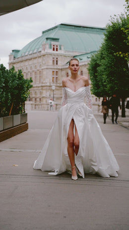 A-Line Satin Dress With Lace Appliqués, Off-the-Shoulder Neckline, Long Sleeves, Cathedral Train