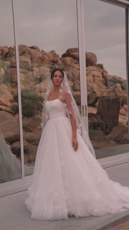 A-Line Wedding Dress with 3D Floral Tulle Skirt and Chapel Train