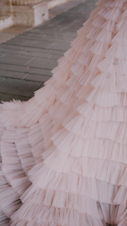 Ball Gown Wedding Dress With Off-The-Shoulder Neckline Tiered Tulle Skirt Beading And Crystals Cathedral Train