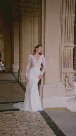 Mermaid Lace Gown With Lace Appliqués, Beading, Deep V-Neck Illusion, Long Sleeves, Sweep Train, Floor-Length, Romantic