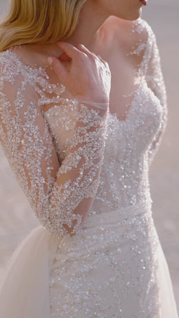 Mermaid Wedding Dress with Lace Appliqués, Beading and Crystals, Illusion Sweetheart Neckline, Long Sleeves, Tulle Overlay and Cathedral Train