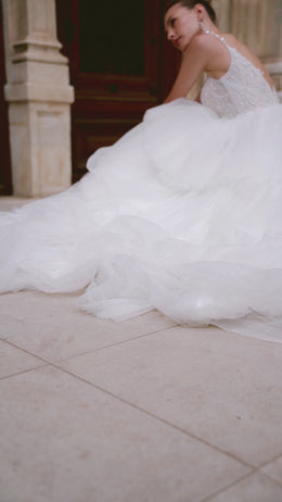 Ball Gown Wedding Dress in Tulle with Lace Appliqués and Beading, V-Neck Spaghetti Straps Bodice, Cathedral Train