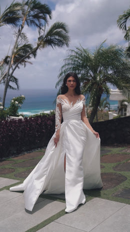Mermaid Wedding Dress with Beaded Illusion Sleeves and Detachable Overskirt