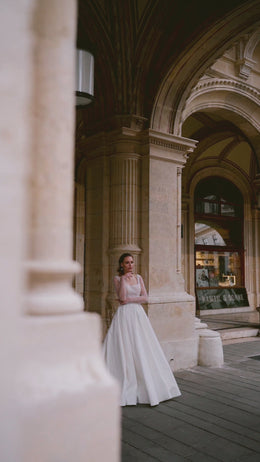 Ball Gown Satin Wedding Dress with Beaded Bodice, Long Sleeves, Square Neckline, Cathedral Train