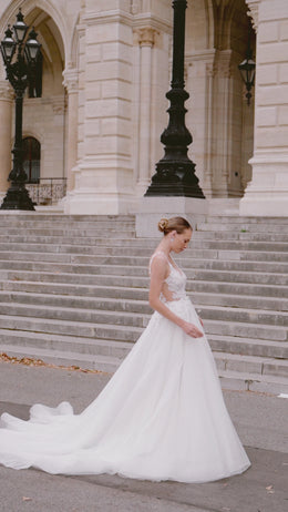 A-Line Wedding Dress With Tulle Skirt, Lace Appliqués, Beaded Embroidered Bodice, Off-the-Shoulder Flutter Sleeves, Cathedral Train
