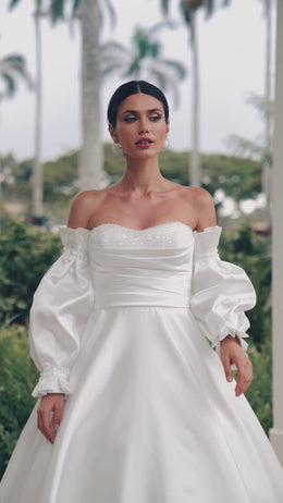 Mikado Ball Gown Wedding Dress with Beaded Bodice and Detachable Sleeves