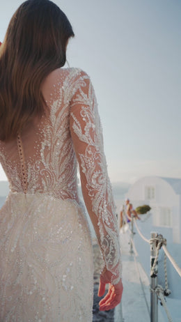 Sheath Wedding Dress with Illusion Sleeves and Detachable Overskirt