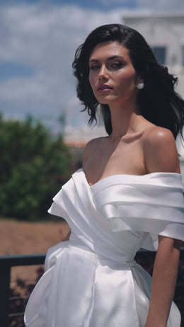 Satin A-Line Wedding Dress with Slit and Detachable Puff Sleeves
