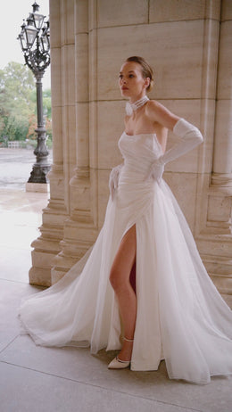 A-Line Strapless Satin Wedding Dress with Cathedral Train, High Slit and Elegant Flowing Skirt