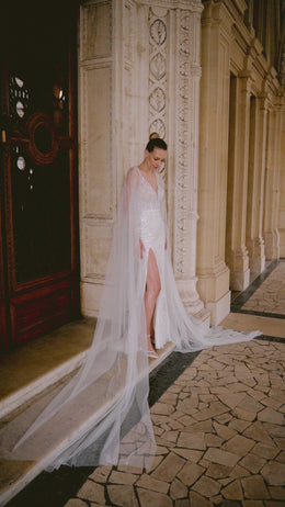 Mermaid Wedding Dress With Lace Appliqués And Beading, V-Neck Illusion Tulle Cape, Sequins Embellishments And Cathedral Train