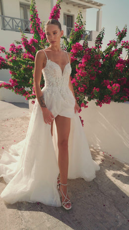 A-Line Wedding Dress with Sparkly Floral Appliqués and Slit