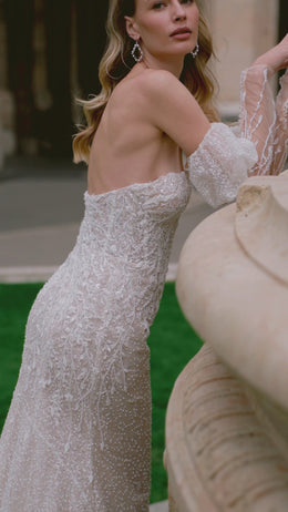 Mermaid Wedding Dress With Lace Appliqués, Beading, And Crystals, Off-The-Shoulder Neckline, Long Puff Sleeves, Tulle Overlay Cathedral Train