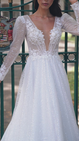 A-Line Wedding Dress with Deep V-Neck and Glitter Tulle