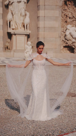 Lace Mermaid Wedding Dress with Additional Cape, Long Sleeves, and Open Shoulders