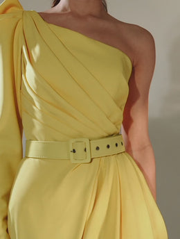 Women's Elegant Minimalist Evening Dress in Soft Stretch Crepe with Asymmetrical Corset and Wrap Skirt
