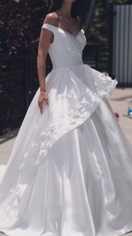 Satin Ball Gown Wedding Dress with Detachable Floral Overskirt