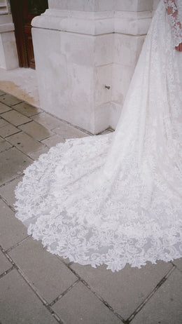 A-Line Wedding Dress With Lace Overlay, Floral Lace Appliqués, High Neckline Long Sleeves, Cathedral Train
