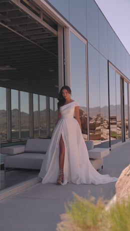 A-Line Satin Wedding Dress with Asymmetric Neckline and High Slit