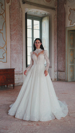 Elegant Wedding Dress Ballgown with High Neck, Lace Sleeves, Lace Back with Buttons, Cathedral Train, and Glitter Skirt