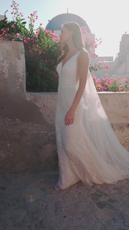 Sparkly Sheath Wedding Dress with V-Neck and Watteau Cape