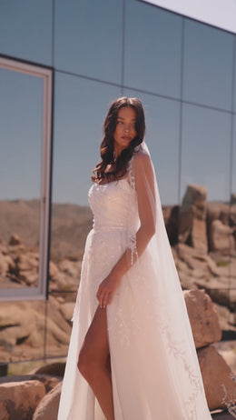 Sheath Wedding Dress with Sparkly Embroidery and High Slit