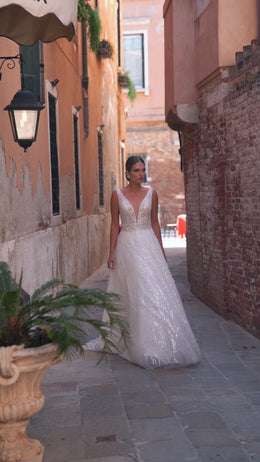 A-Line Wedding Dress with Deep V-Neck and Sequins