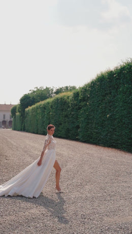 Elegant Bridal Gown - Nude Mesh with Lace, Deep V-Neck, A-Line Satin Skirt