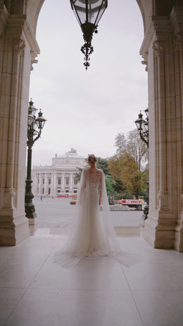 A-Line Wedding Dress With Tulle Skirt And Lace Appliqués, Illusion Neckline, Sleeveless, Cathedral Train