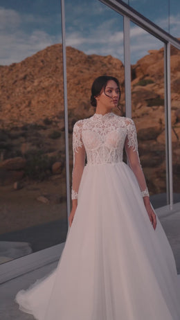 A-Line Wedding Dress with High Neck Lace Bodice and Long Sleeves
