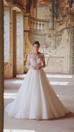 Elegant A-Line Tulle Dress with Lace Top and Deep V-Neck