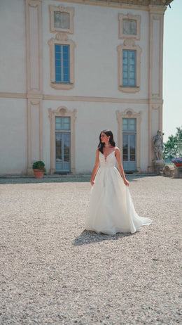 Sparkle Bridal Dress with Spaghetti Straps, Deep V-Neck, Lace Top and Slit Dress