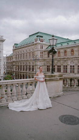 Ball Gown Wedding Dress with Off-the-Shoulder Neckline, Sparkle Tulle, 3D Floral Lace Appliqués, Beading, Cathedral Train