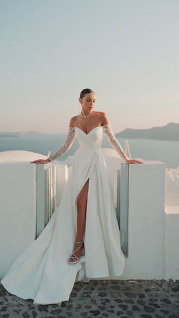 A-Line Wedding Dress with Off-The-Shoulder Sleeves and Slit