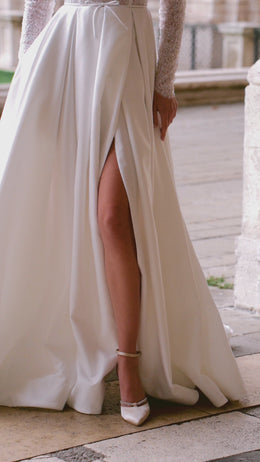 A-Line Wedding Dress with Beading on Bodice, High Neckline, Long Sleeves, Satin Skirt, Cathedral Train