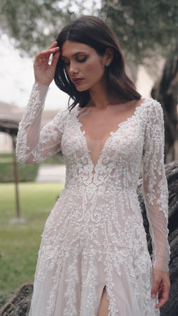 A-Line Wedding Dress with V-Neck and Long Lace Sleeves