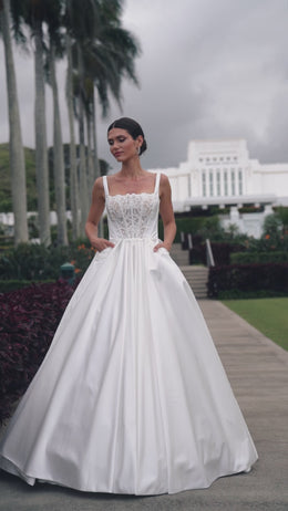 Classic Wedding Dress Minimalism Style - Royal Satin, Strapless, Plume Skirt, Train, Square Neckline, Guipure Embroidered with Beads & Sequins