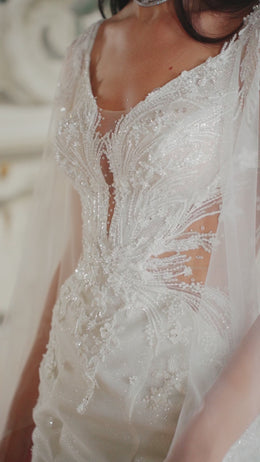 Gorgeous Wedding Gown Fit and Flare with Tulle, Glitter, Lace, Detachable Long Wings and Court Train Tulle