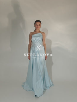 Women's Luxurious Satin Evening Dress with Embroidered Crystal Guipure and Asymmetrical Drapery