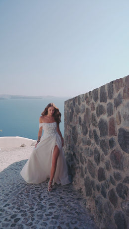 Off-the-Shoulder A-Line Tulle Wedding Dress with High Slit