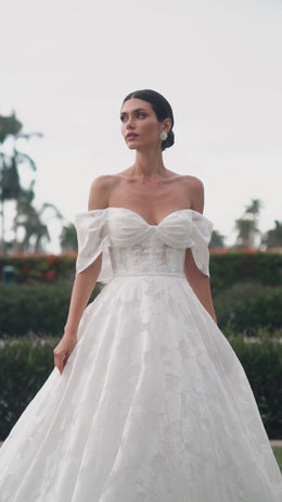 Floral Lace Ball Gown Wedding Dress with Off-the-Shoulder Bow
