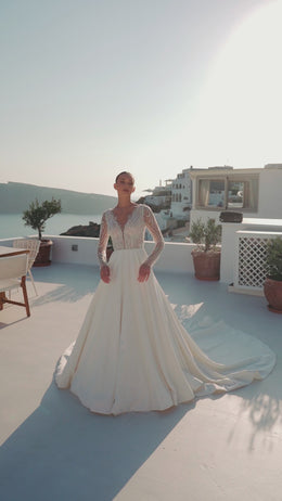 A-Line Wedding Dress with Beaded Illusion Bodice and Long Sleeves